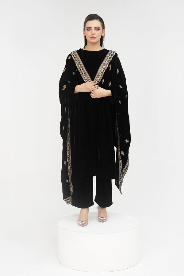 Rozi - Luxury Velvet Outfit with Embroidered Velvet Shawl - Black