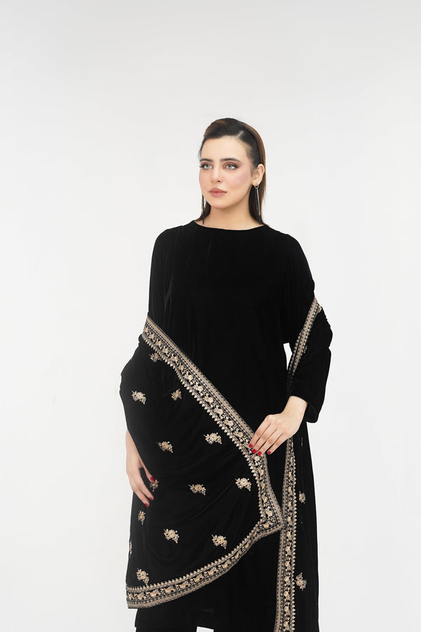 Rozi - Luxury Velvet Outfit with Embroidered Velvet Shawl - Black