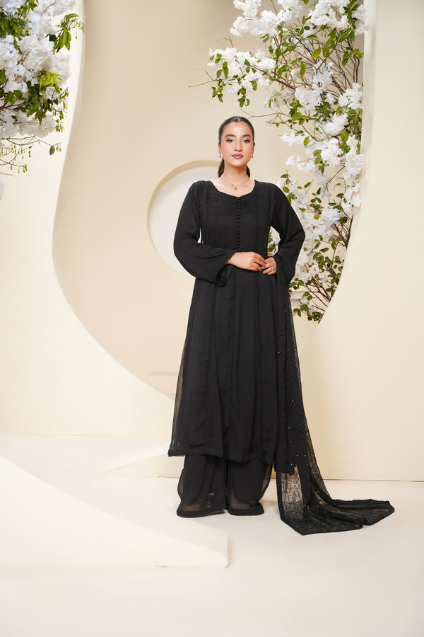 Husan e Jahan - Luxury Chiffon Maxi Outfit with Chiffon Dupatta - Ready to Wear - Eid25 - HEJBlackV3D3