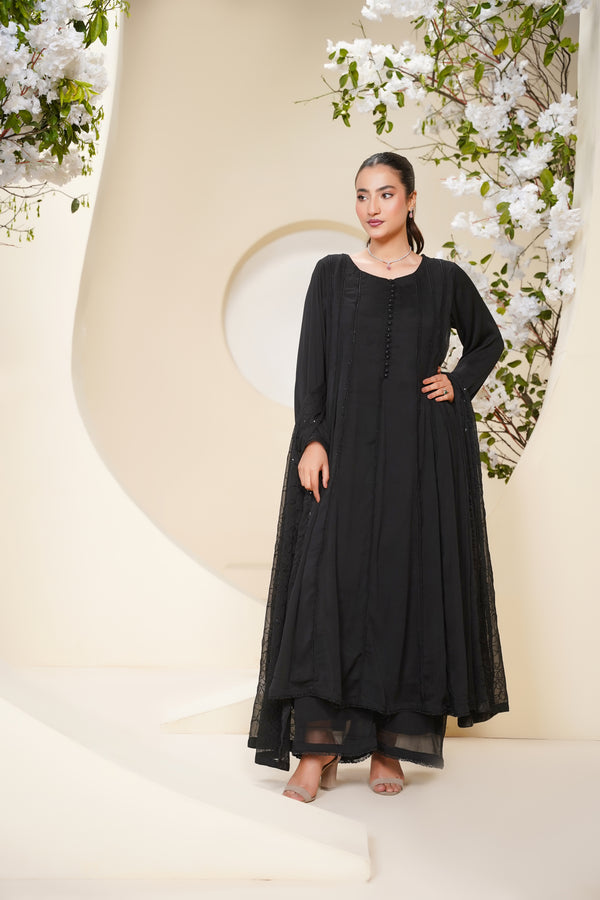 Husan e Jahan - Luxury Chiffon Maxi Outfit with Chiffon Dupatta - Ready to Wear - Eid25 - HEJBlackV3D3
