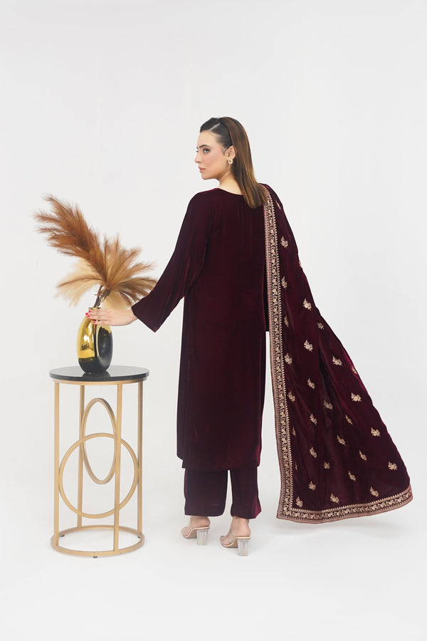 Rozi - Luxury Velvet Outfit with Embroidered Velvet Shawl - Mehron