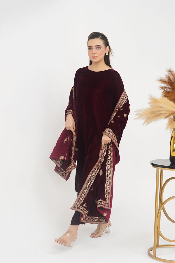 Rozi - Luxury Velvet Outfit with Embroidered Velvet Shawl - Mehron