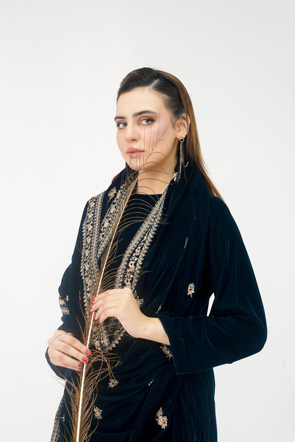 Rozi - Luxury Velvet Outfit with Embroidered Velvet Shawl - Zinc