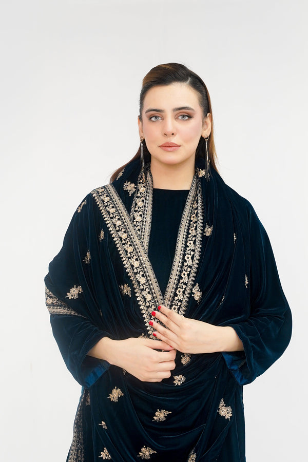Rozi - Luxury Velvet Outfit with Embroidered Velvet Shawl - Zinc