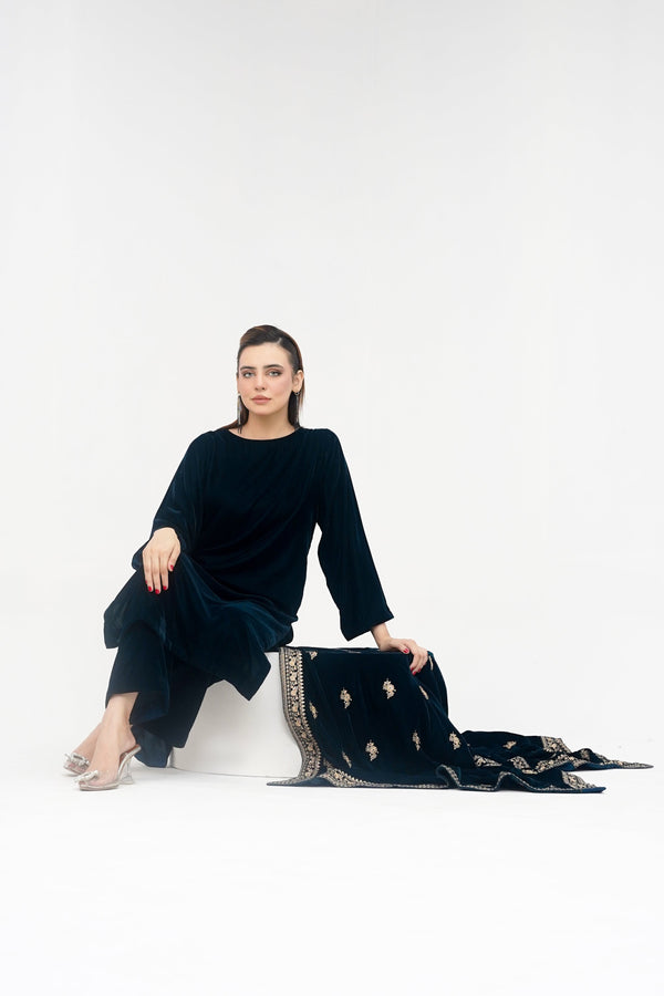 Rozi - Luxury Velvet Outfit with Embroidered Velvet Shawl - Zinc