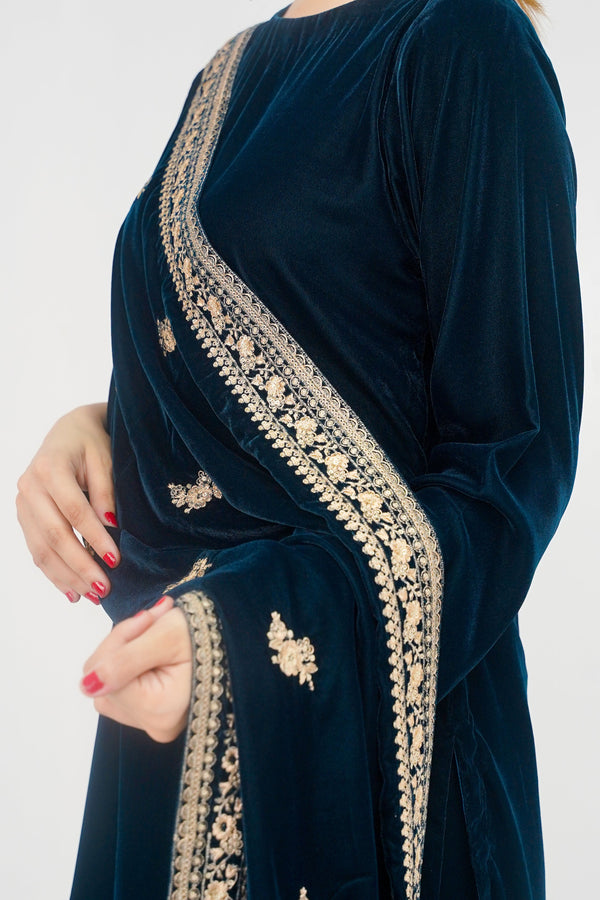 Rozi - Luxury Velvet Outfit with Embroidered Velvet Shawl - Zinc