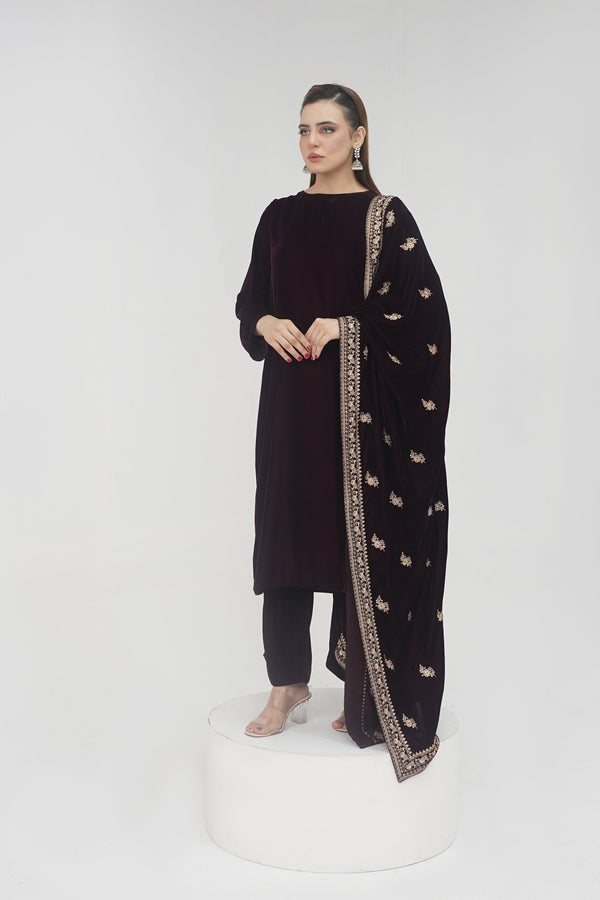 Rozi - Luxury Velvet Outfit with Embroidered Velvet Shawl - Plum