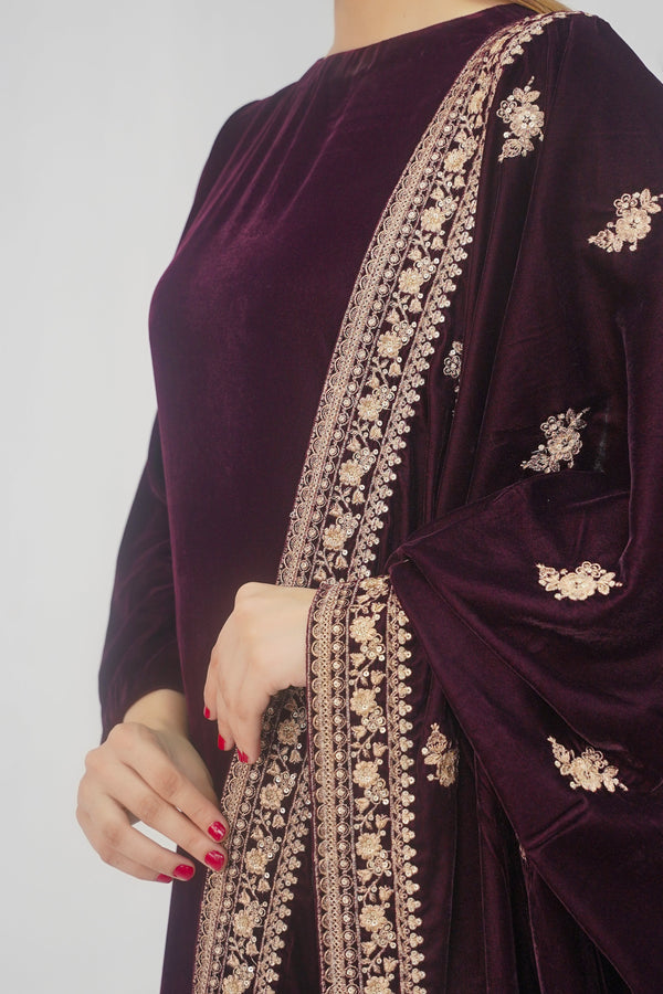 Rozi - Luxury Velvet Outfit with Embroidered Velvet Shawl - Plum