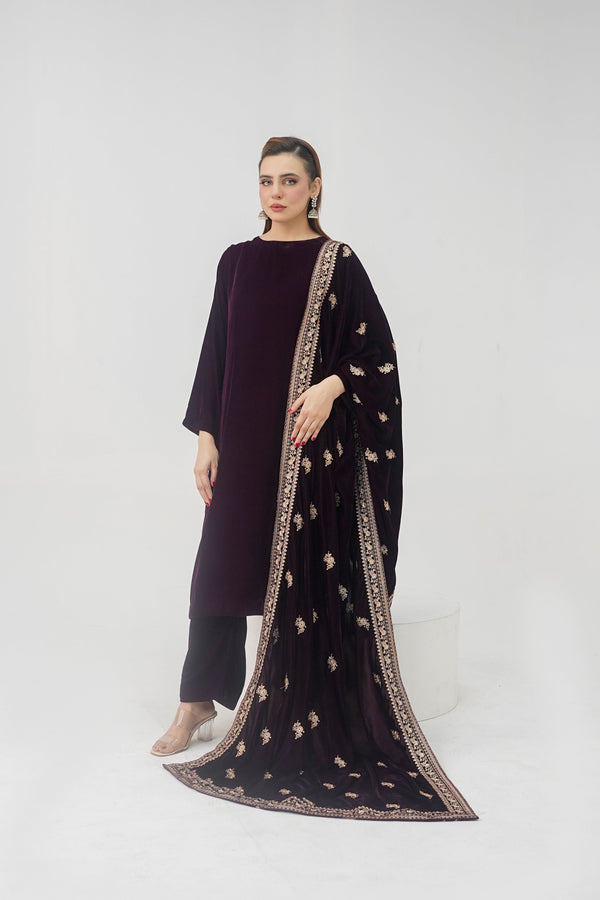 Rozi - Luxury Velvet Outfit with Embroidered Velvet Shawl - Plum
