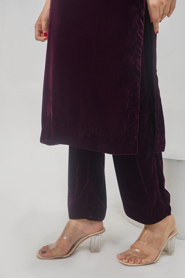 Rozi - Luxury Velvet Outfit with Embroidered Velvet Shawl - Plum