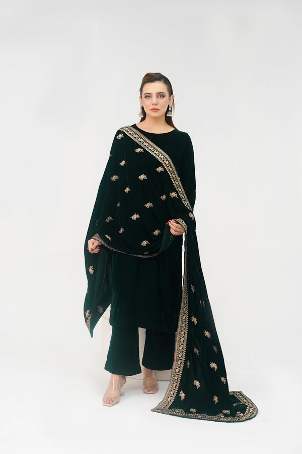 Rozi - Luxury Velvet Outfit with Embroidered Velvet Shawl - Emerald Green