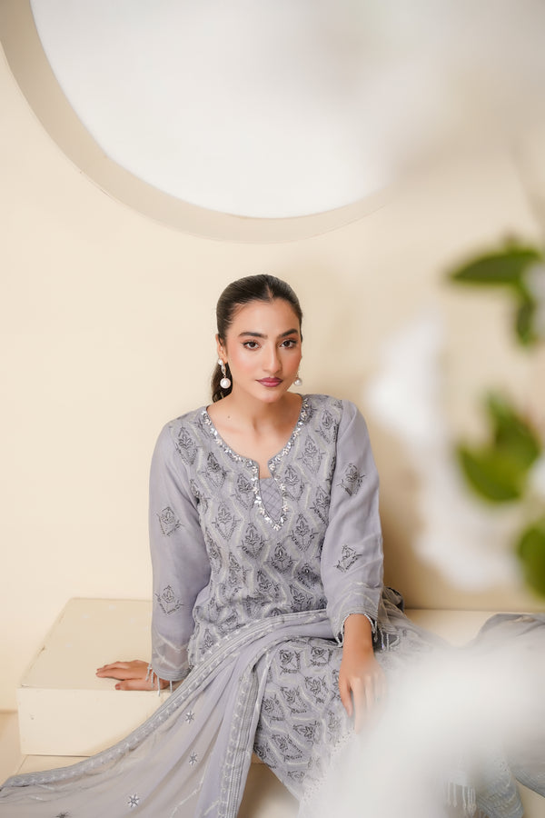 Husan e Jahan - Luxury Chiffon Outfit with Chiffon Dupatta - Ready to Wear - Eid25 - HEJGreyV3D2