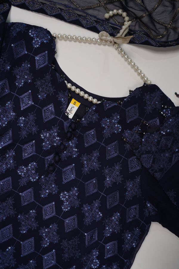 Husan e Jahan - Luxury Chiffon Outfit with Chiffon Dupatta - Ready to Wear - HEJ-V4-D6 navy blue