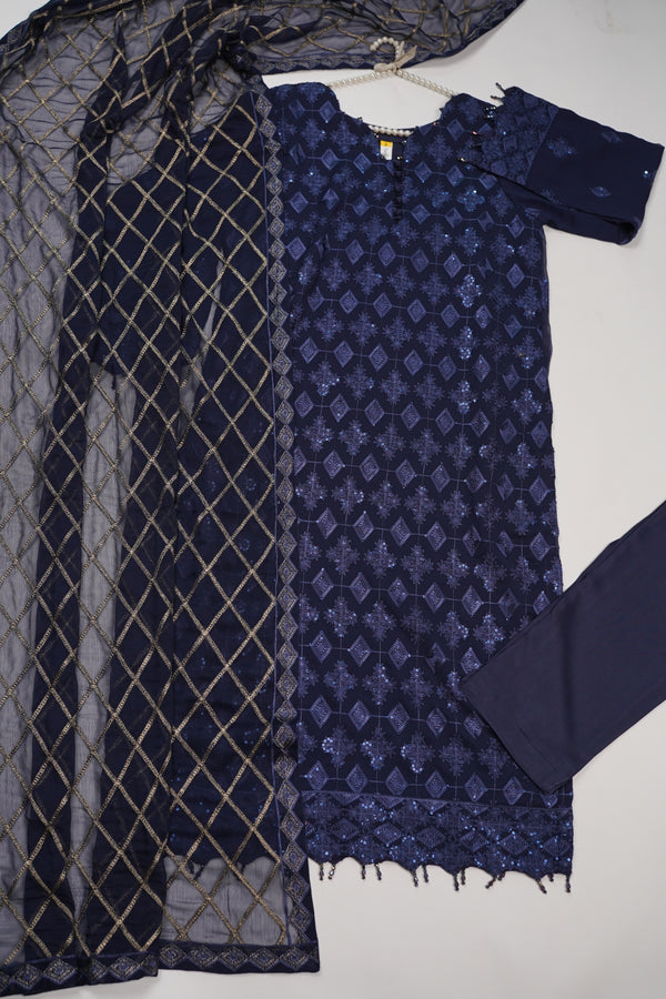 Husan e Jahan - Luxury Chiffon Outfit with Chiffon Dupatta - Ready to Wear - HEJ-V4-D6 navy blue