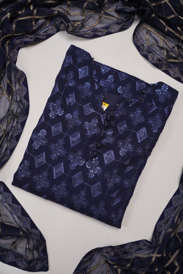 Husan e Jahan - Luxury Chiffon Outfit with Chiffon Dupatta - Ready to Wear - HEJ-V4-D6 navy blue