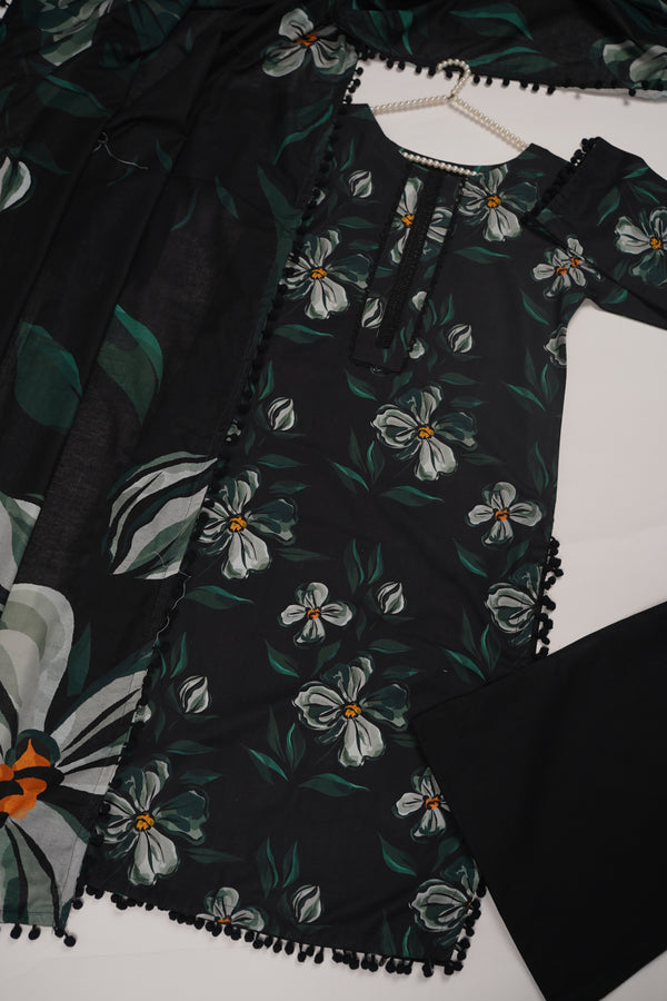 Rozi - Exclusive Khaddar Outfit with  Shawl - Ready to Wear - PD155 Black