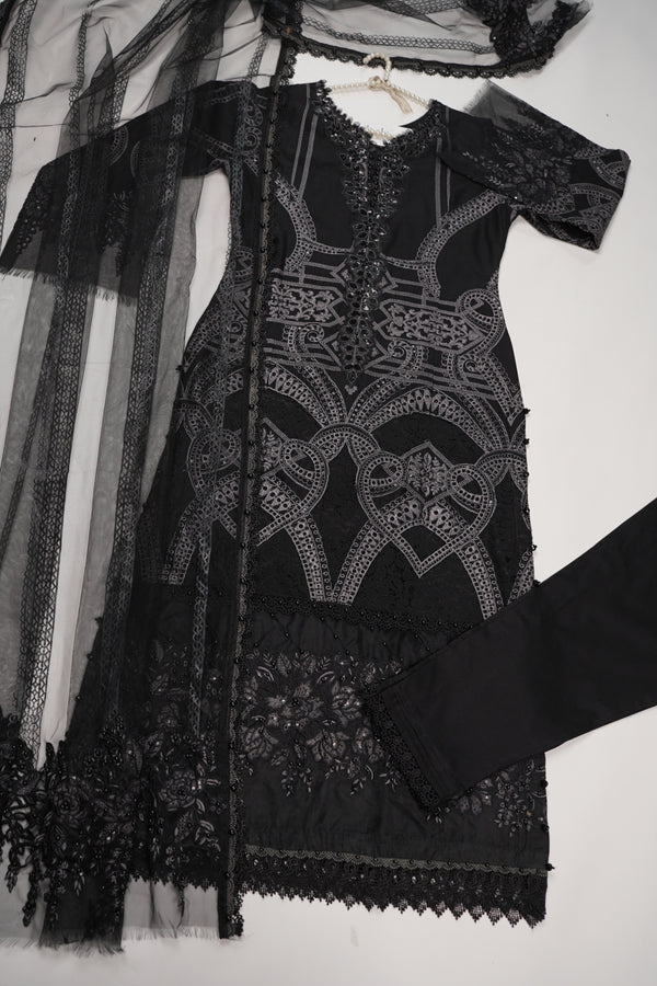 Maria B Inspired-Luxury Embroidered  cotton Lawn Outfit with Net Dupatta - Ready to Wear   PD075