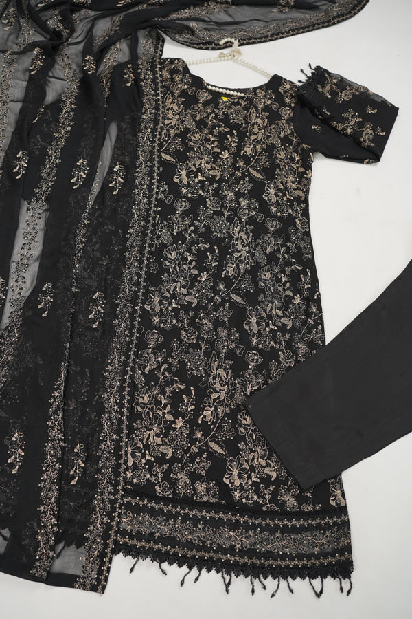 Husan e Jahan - Luxury Chiffon Outfit with Chiffon Dupatta - Ready to Wear - HEJBlackV3D5