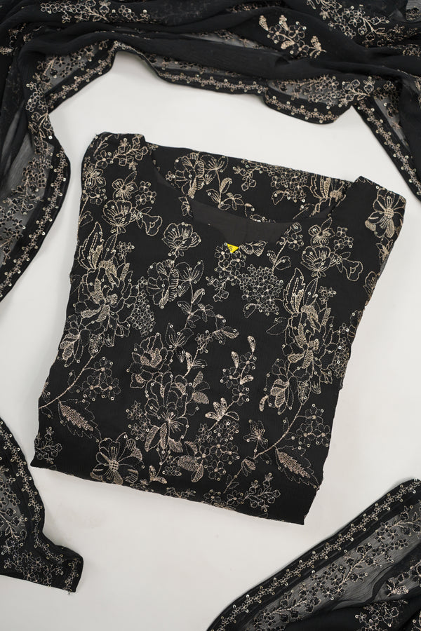 Husan e Jahan - Luxury Chiffon Outfit with Chiffon Dupatta - Ready to Wear - HEJBlackV3D5