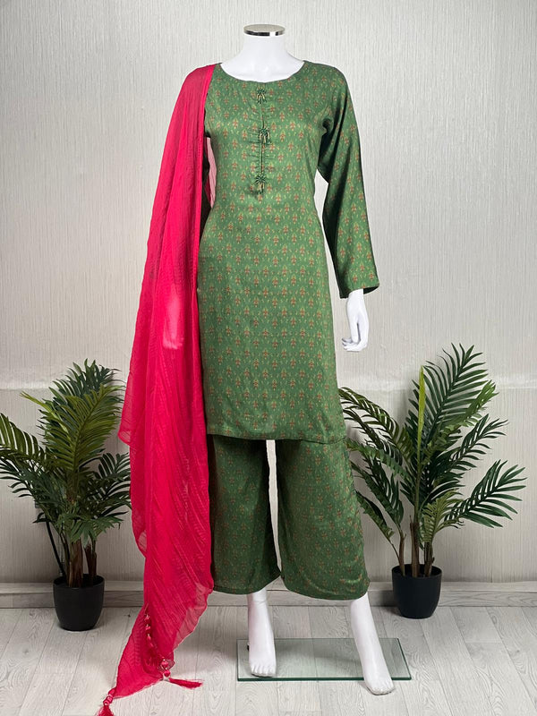 Sajh Dajh Ronak e Eid - Ready to Wear - Linen Suit with Plazzo bottom amd Chiffon Dupatta
