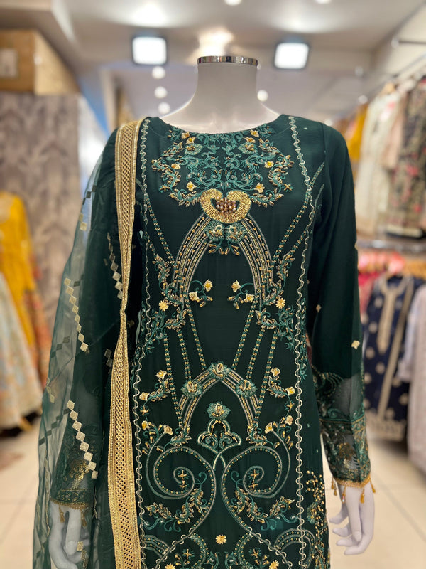 Sajh Dajh Unstitched - Lyla - Luxury Chiffon Full Suit in Emerald Green