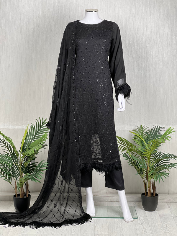 Husan e Jahan - Luxury Chiffon Suit with Chiffon Dupatta in Black - Ready to Wear