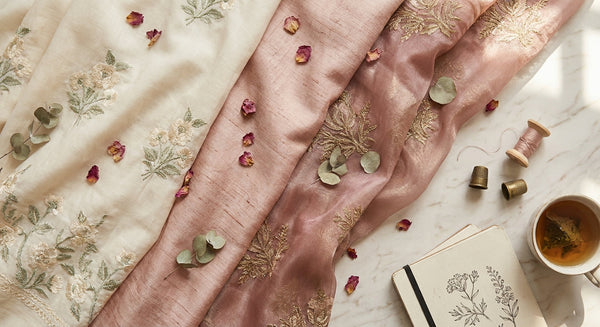 A flat lay of layered South Asian fabrics from cotton lawn to shimmering organza arranged on a marble surface with soft natural lighting.