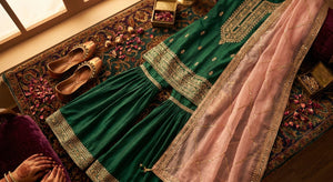 A styled flat lay of luxurious Pakistani wedding guest outfits including an emerald sharara, embroidered dupatta, and gold khussa heels, surrounded by rose petals in warm golden light.