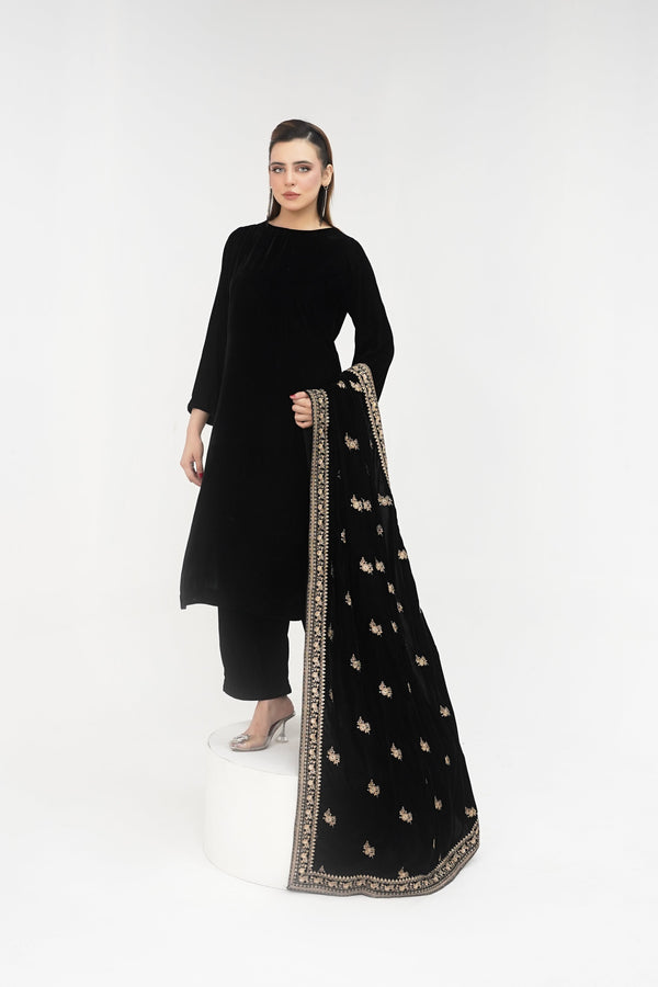 Rozi - Luxury Velvet Outfit with Embroidered Velvet Shawl - Black