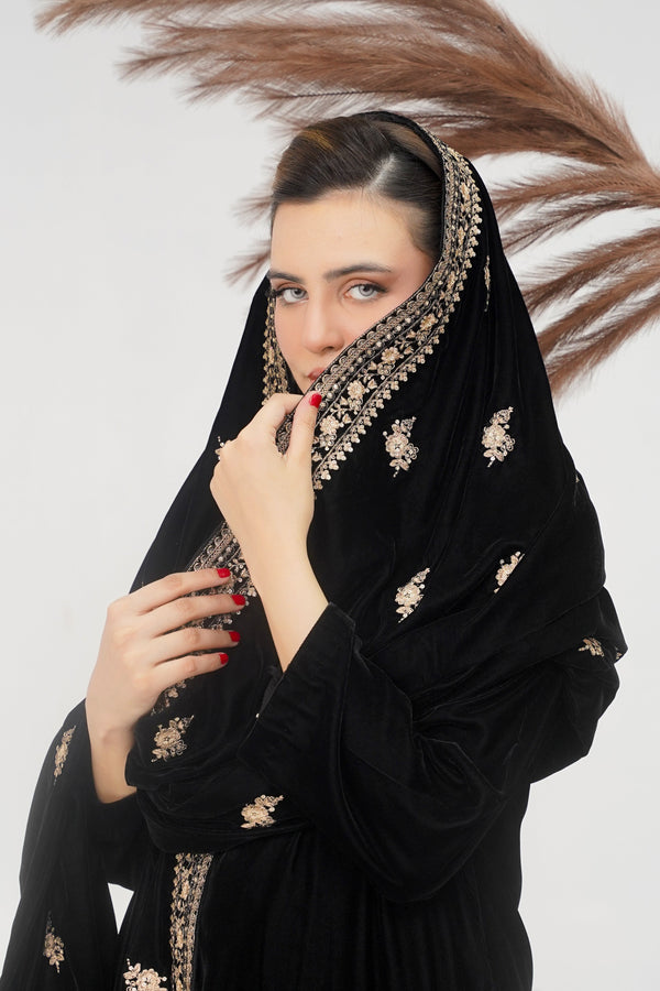 Rozi - Luxury Velvet Outfit with Embroidered Velvet Shawl - Black