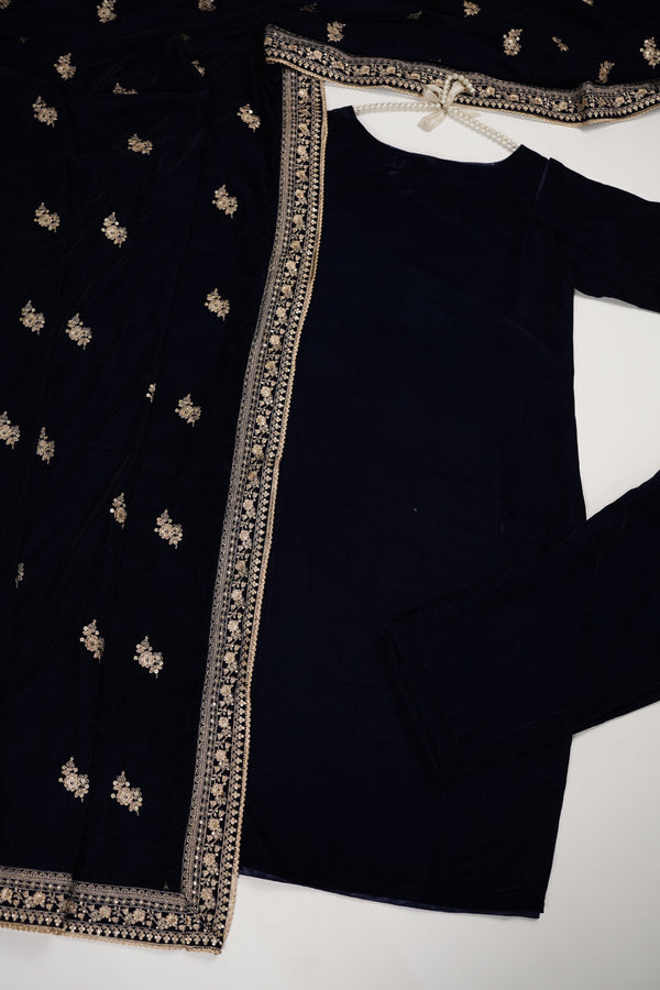 Rozi - Luxury Velvet Outfit with Embroidered Velvet ShawL - Blue