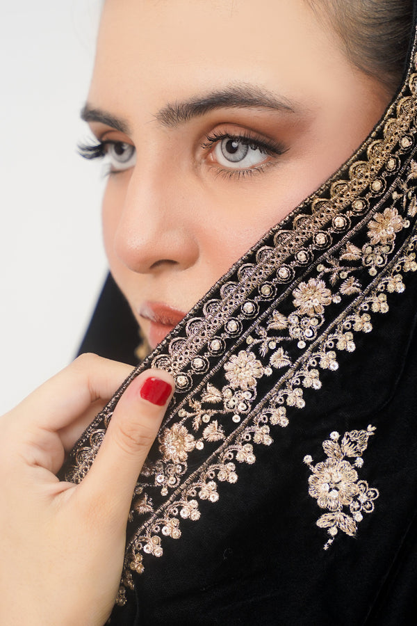Rozi - Luxury Velvet Outfit with Embroidered Velvet Shawl - Black