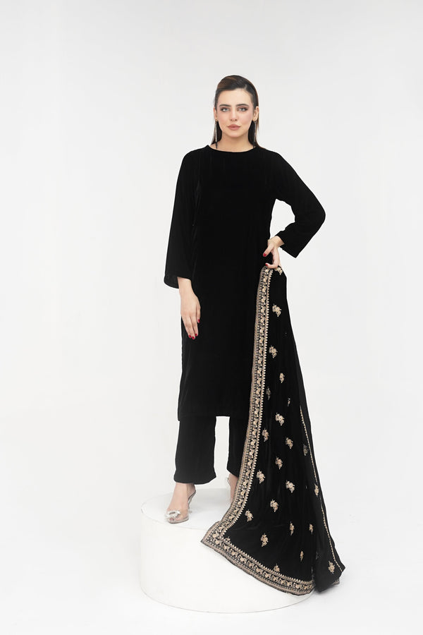 Rozi - Luxury Velvet Outfit with Embroidered Velvet Shawl - Black