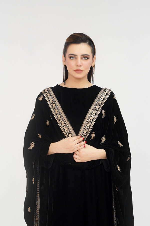 Rozi - Luxury Velvet Outfit with Embroidered Velvet Shawl - Black