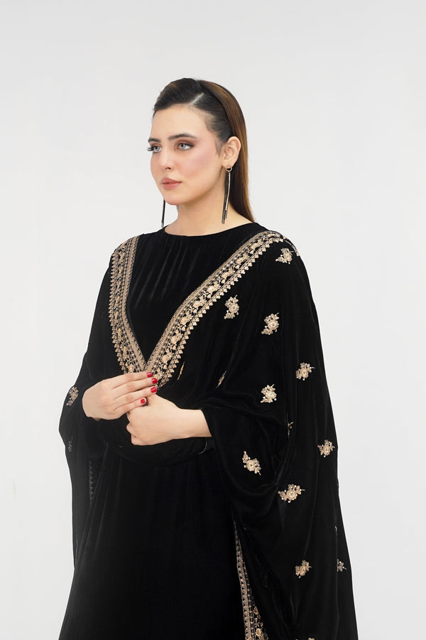 Rozi - Luxury Velvet Outfit with Embroidered Velvet Shawl - Black