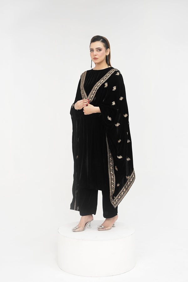 Rozi - Luxury Velvet Outfit with Embroidered Velvet Shawl - Black