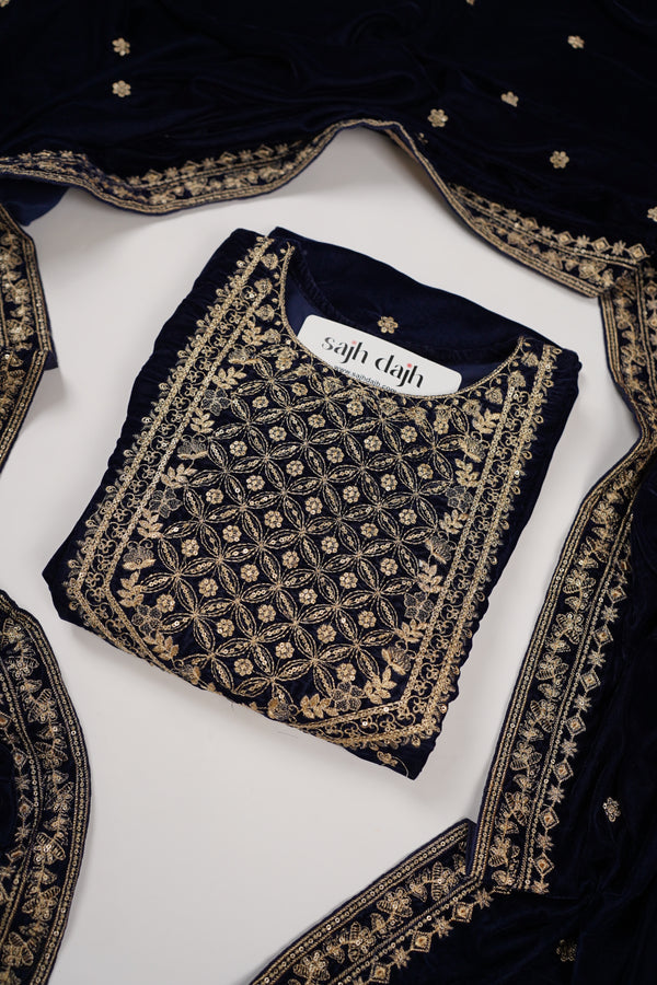 Rozi - Luxury Velvet Outfit with Embroidered Velvet ShawL