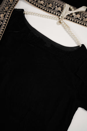 Rozi - Luxury Velvet Outfit with Embroidered Velvet Shawl - Black