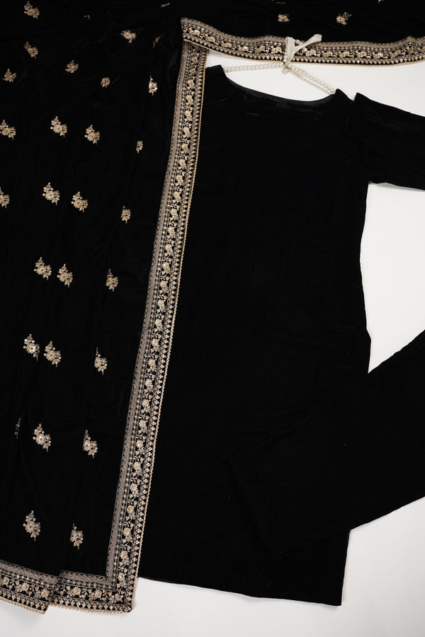 Rozi - Luxury Velvet Outfit with Embroidered Velvet Shawl - Black