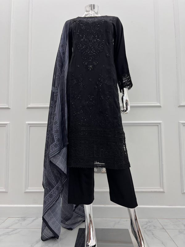Budget Wear - Black Embroidered Dhanak Outfit- Ready to Wear -SD-SA04