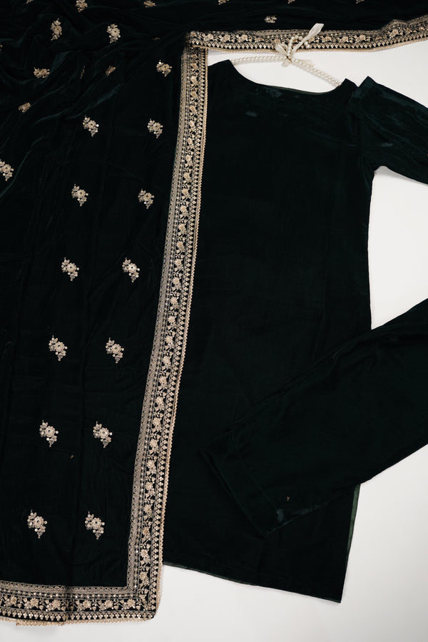 Rozi - Luxury Velvet Outfit with Embroidered Velvet Shawl - Emerald Green