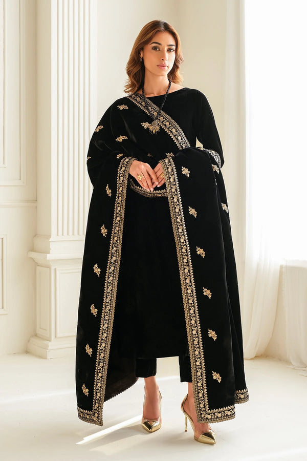 Rozi - Luxury Velvet Outfit with Embroidered Velvet Shawl - Black