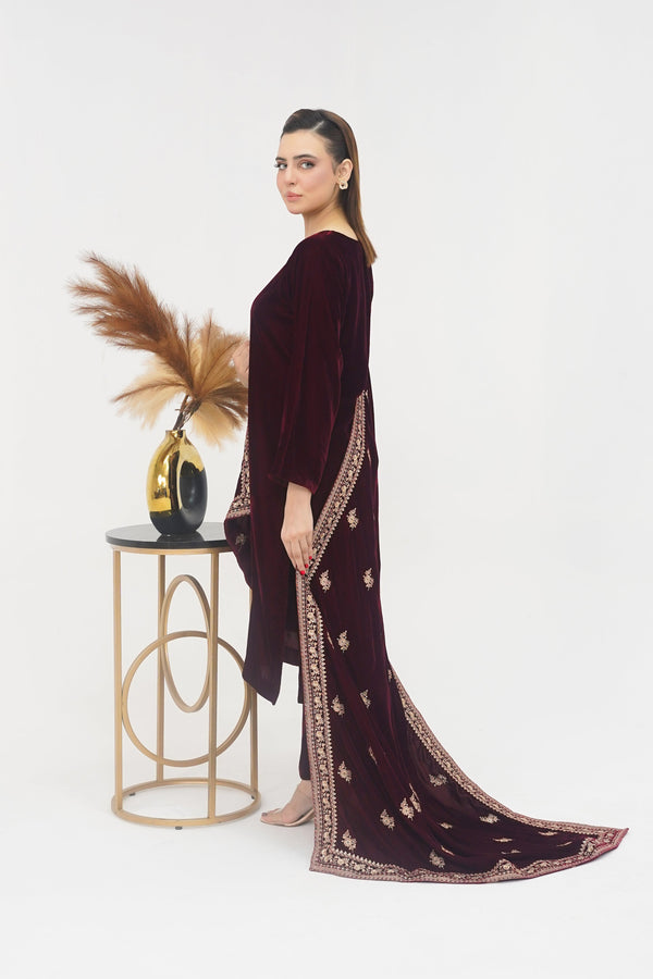 Rozi - Luxury Velvet Outfit with Embroidered Velvet Shawl - Mehron