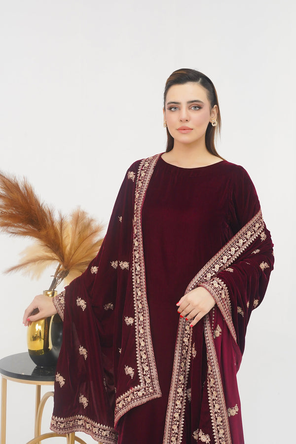 Rozi - Luxury Velvet Outfit with Embroidered Velvet Shawl - Mehron
