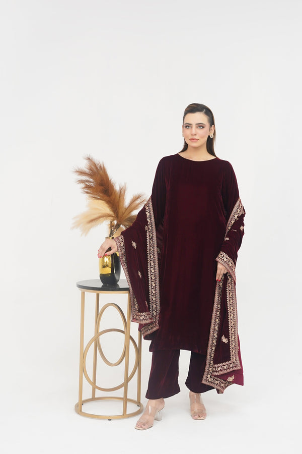 Rozi - Luxury Velvet Outfit with Embroidered Velvet Shawl - Mehron