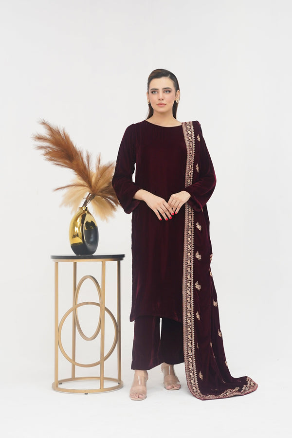 Rozi - Luxury Velvet Outfit with Embroidered Velvet Shawl - Mehron
