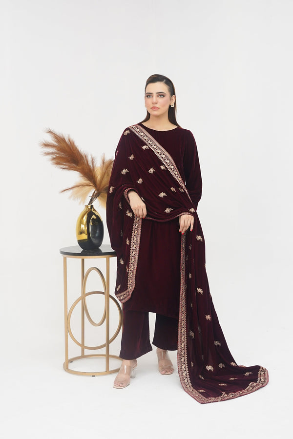 Rozi - Luxury Velvet Outfit with Embroidered Velvet Shawl - Mehron