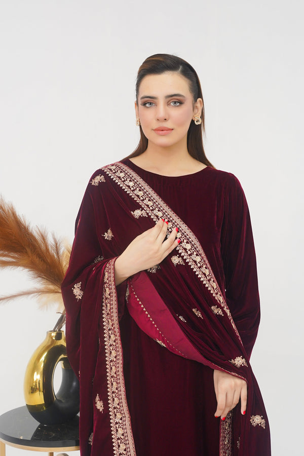 Rozi - Luxury Velvet Outfit with Embroidered Velvet Shawl - Mehron