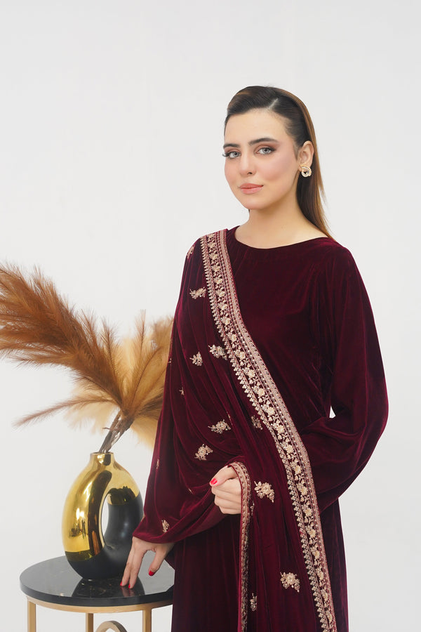 Rozi - Luxury Velvet Outfit with Embroidered Velvet Shawl - Mehron
