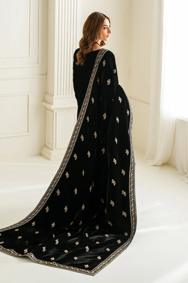 Rozi - Luxury Velvet Outfit with Embroidered Velvet Shawl - Black